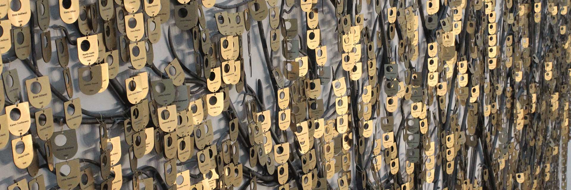 Personalised donor shields displayed on the Tree of Learning in the OU library, 2019